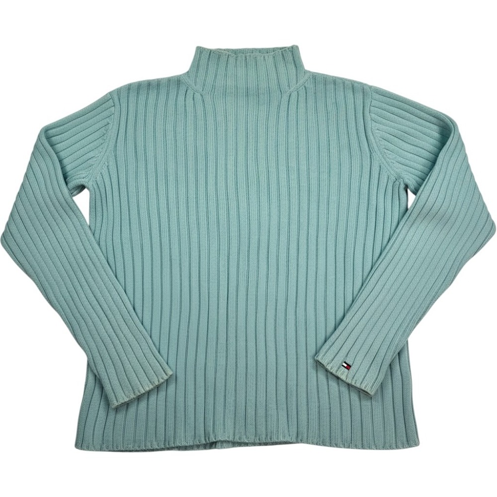 Tommy Hilfiger Ribbed Mock Neck Sweater Light Blue Cotton Knit Large